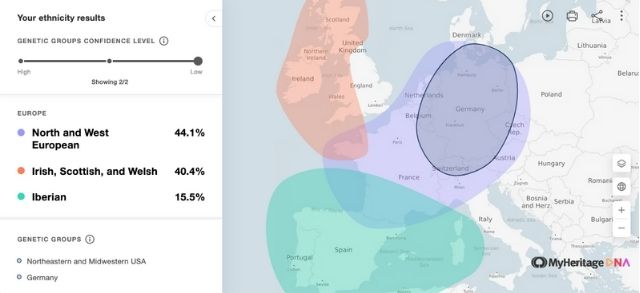 Screengrab of DNA ethnicity results from MyHeritage DNA, with ethnicities and percentages on the left and a map displaying the corresponding geographical regions on right