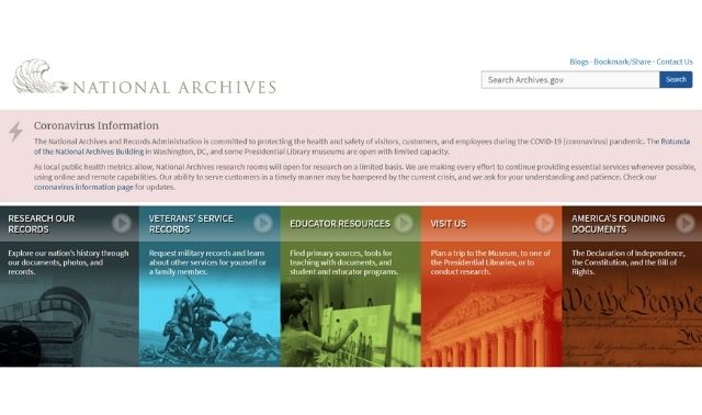 Screenshot of Archives.gov homepage