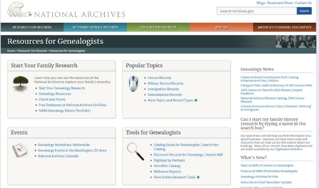 Screenshot of Archives.gov Resources for Genealogists landing page