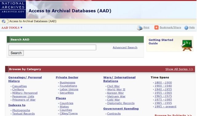 Access to Archival Databases landing page on Archives.gov