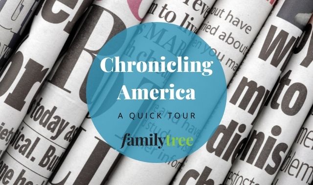 Chronicling America: A Quick Tour text on blue circle overlaid on a stack of newspapers