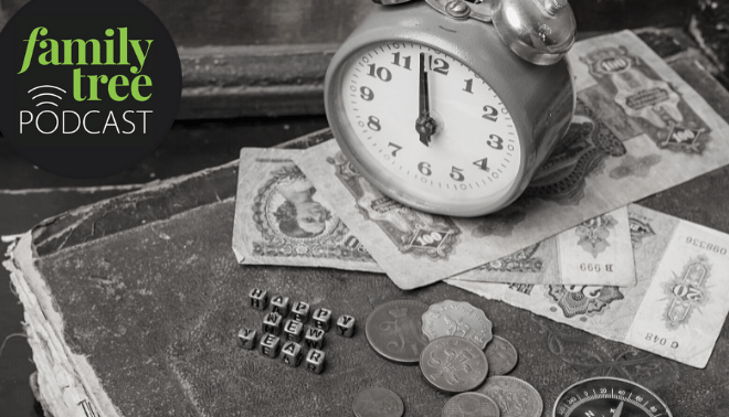 Clock next to vintage money and blocks spelling "New Year"