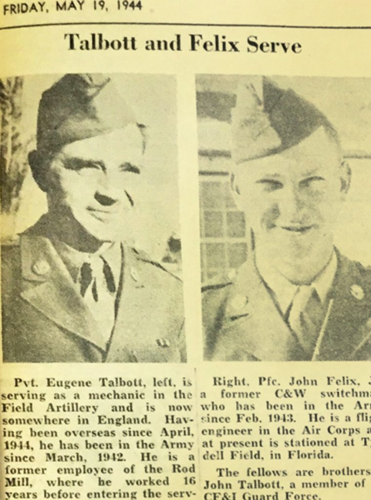 Yellow newspaper article including two pictures of young men. The article's text gives a brief profile of each