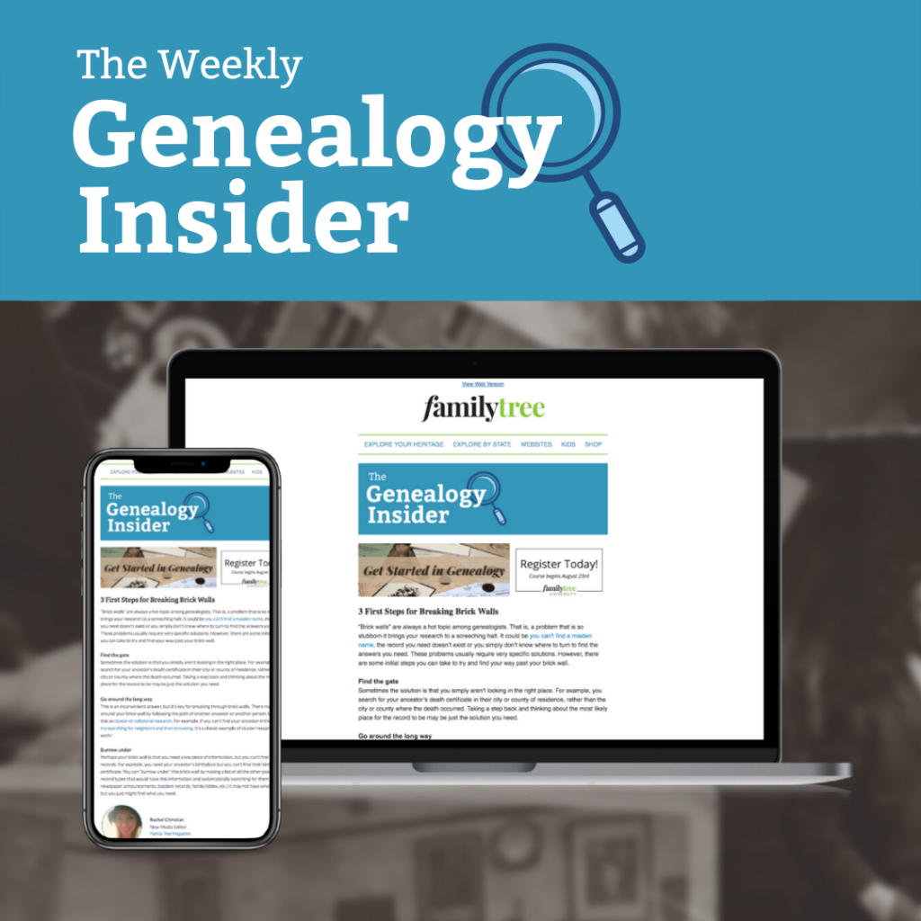 The Genealogy Insider newsletter displayed on multiple devices.