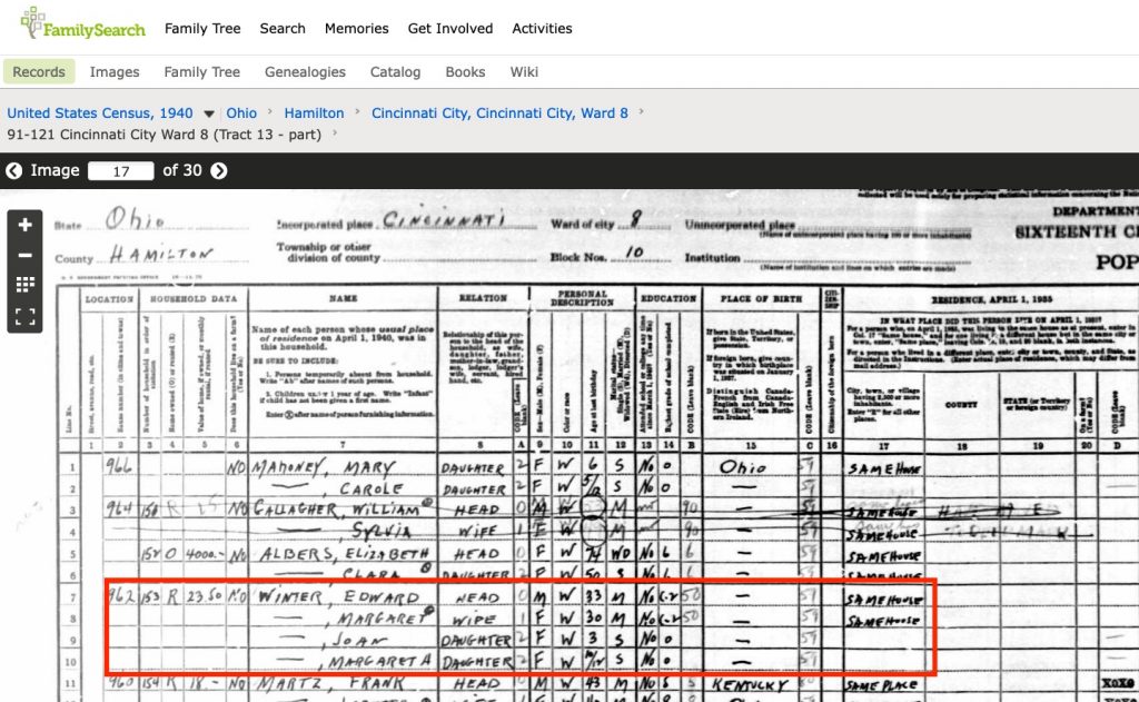 1940 census page for ED  91-121, including the Winter family (whose entry is highlighted)