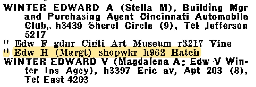 Text from a city directory, which lists shopworker Edward H. Winter and his wife Margaret living in a house at 962 Hatch Street