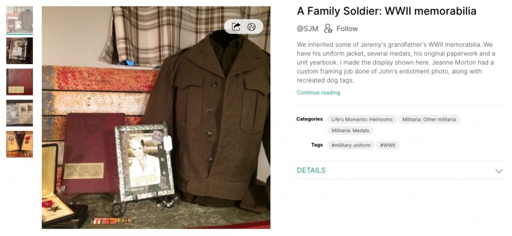 Photo showing multiple World War II-era items, such as a photo and a uniform. An Artifcts.com caption lists each item and explains that one relative had the military enlistment photo and serviceman's dog tags framed