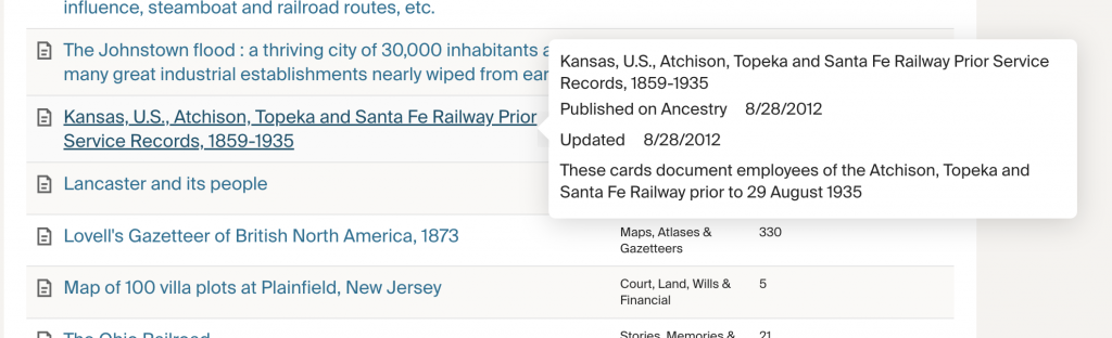 Screenshot of Card Catalog when hovering over a search result fir a Kansas railroad collection. Text indicates when the collection was published and last updated, plus a brief description
