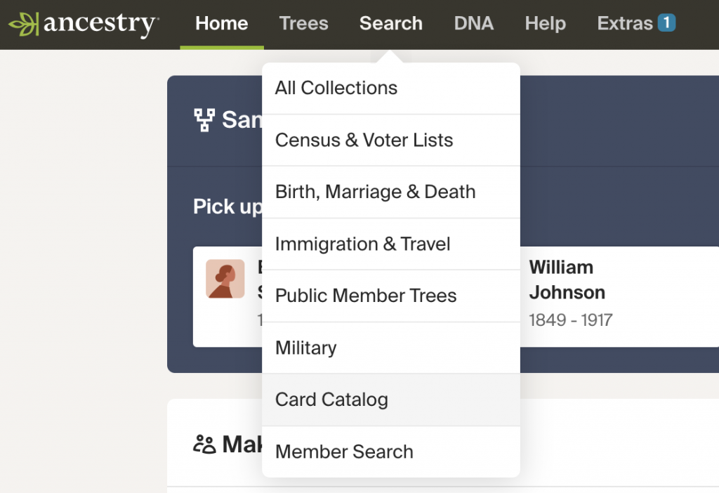 Ancestry.com main menu showing the Search drop-down, including the link to the Card Catalog