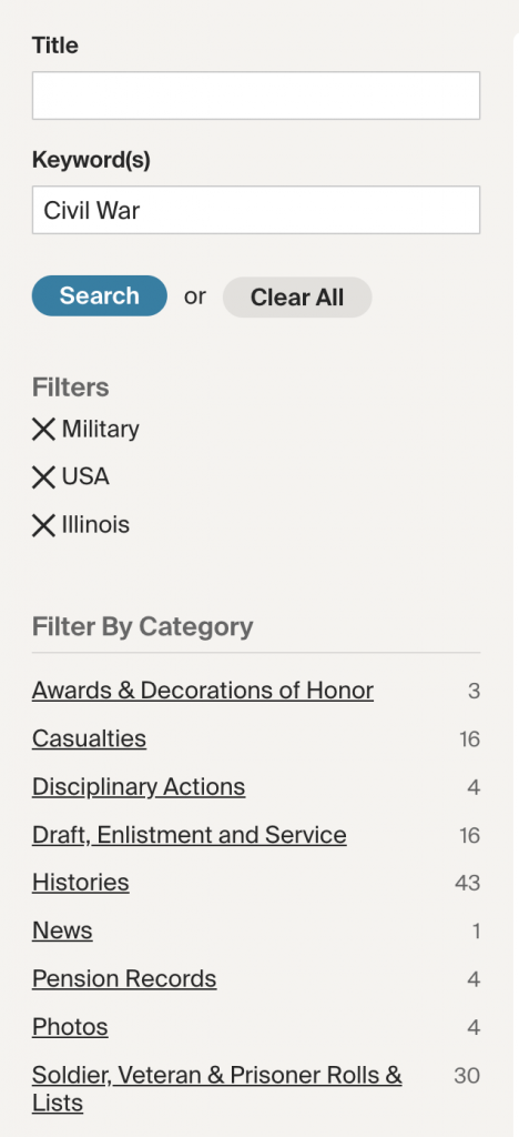 Card Catalog filter options for Civil War. The screenshot shows filters for Military, USA and Illinois have been applied