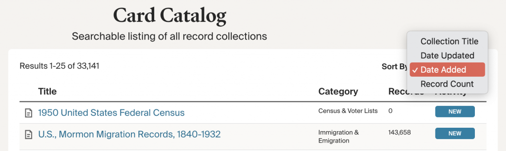 Card Catalog main page, with the Sort By drop-down menu highlighted. Date Added is selected
