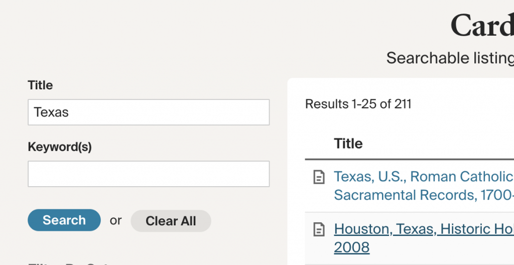 Card Catalog page, with section for searching by Title or Keyword highlighted